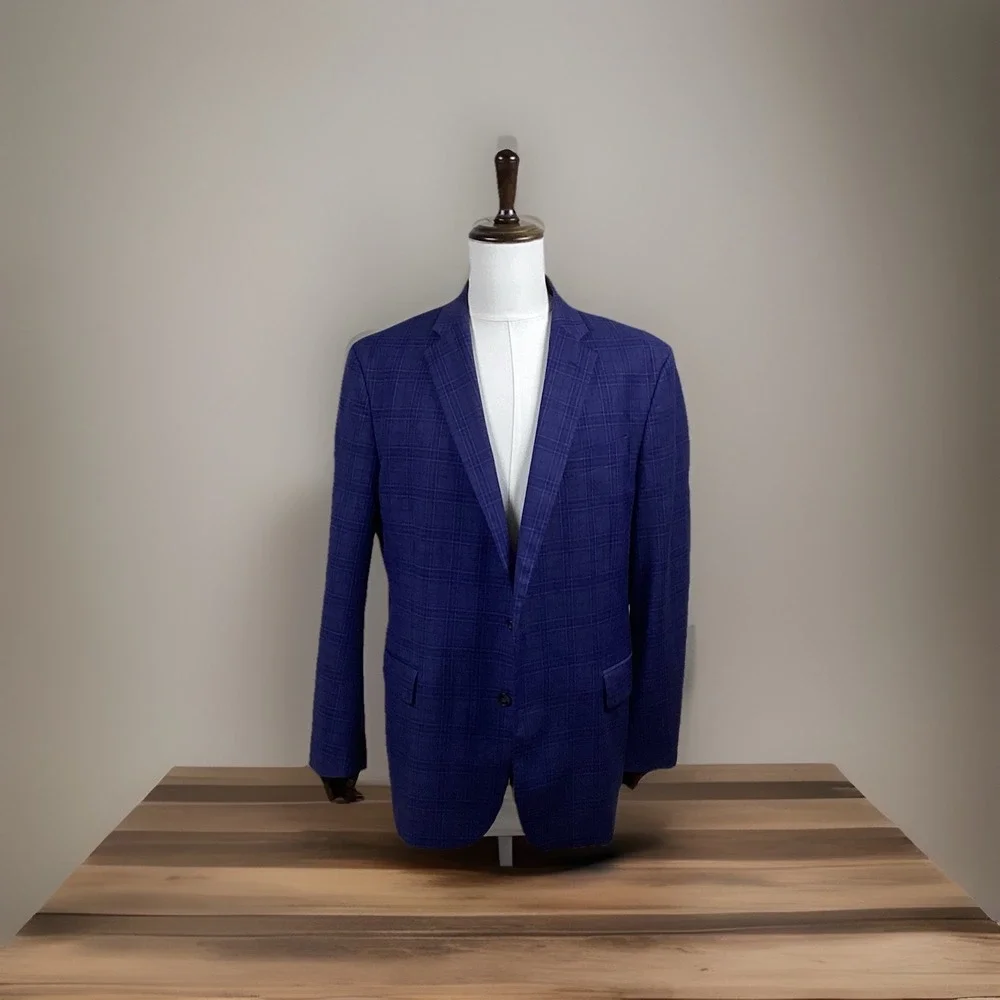 Stafford Mens Blue Plaid Sport Coat 46R Wool Blend Classic Fit Blazer Preppy
